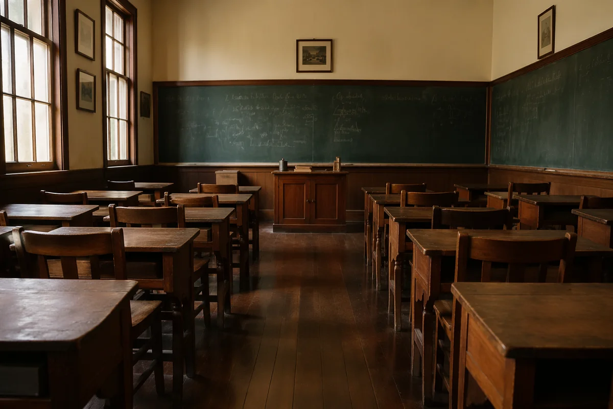 Empty Vintage Classroom with Green Chalkboard