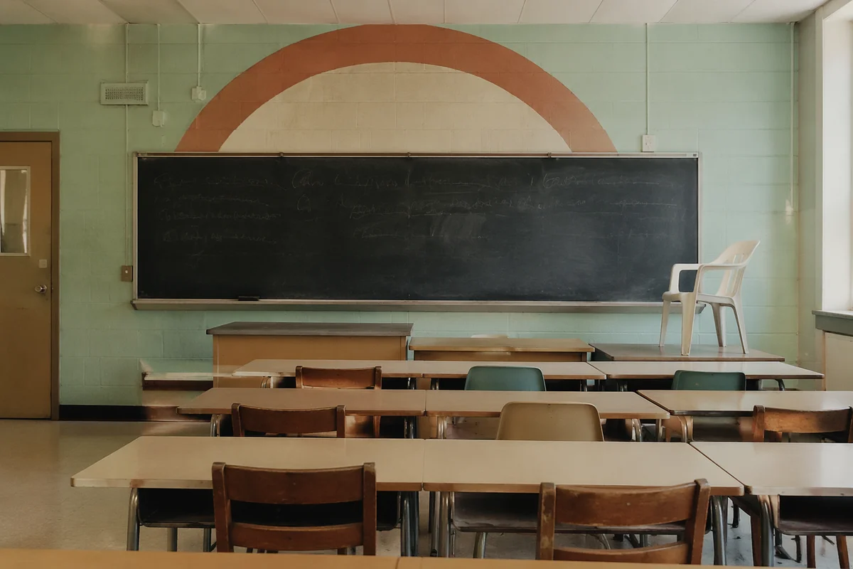 Empty Classroom with Chalkboard and Desks