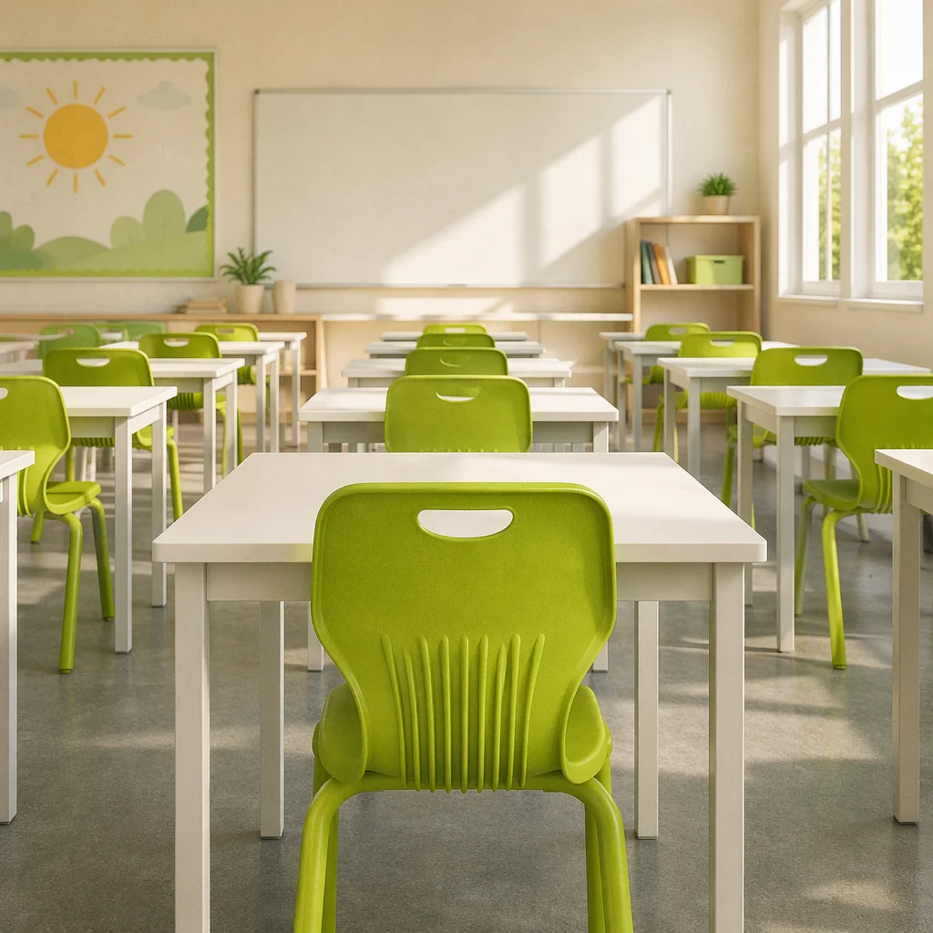 Empty Classroom Desks in Morning Sunlight