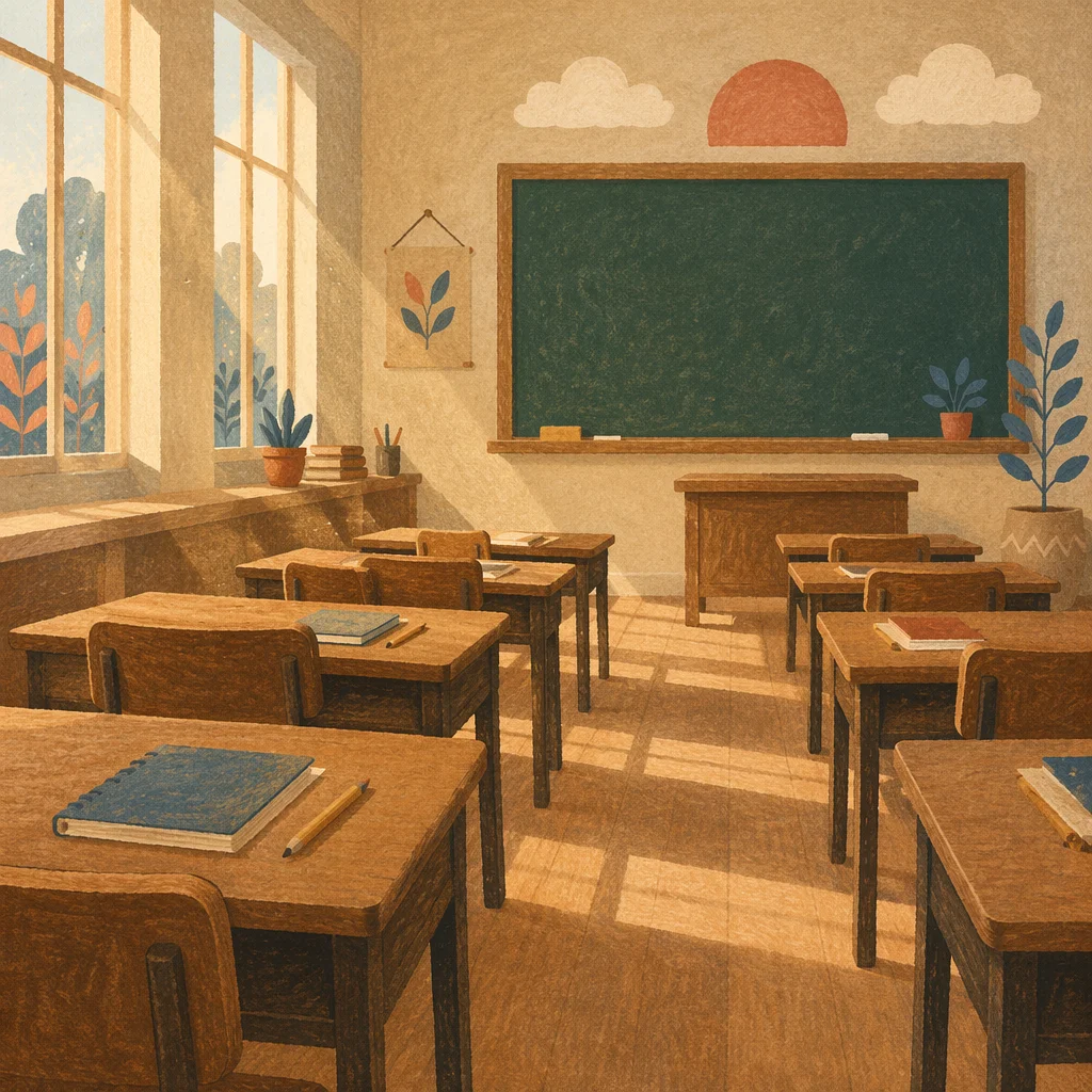 Quiet Morning Classroom with Sunlit Desks