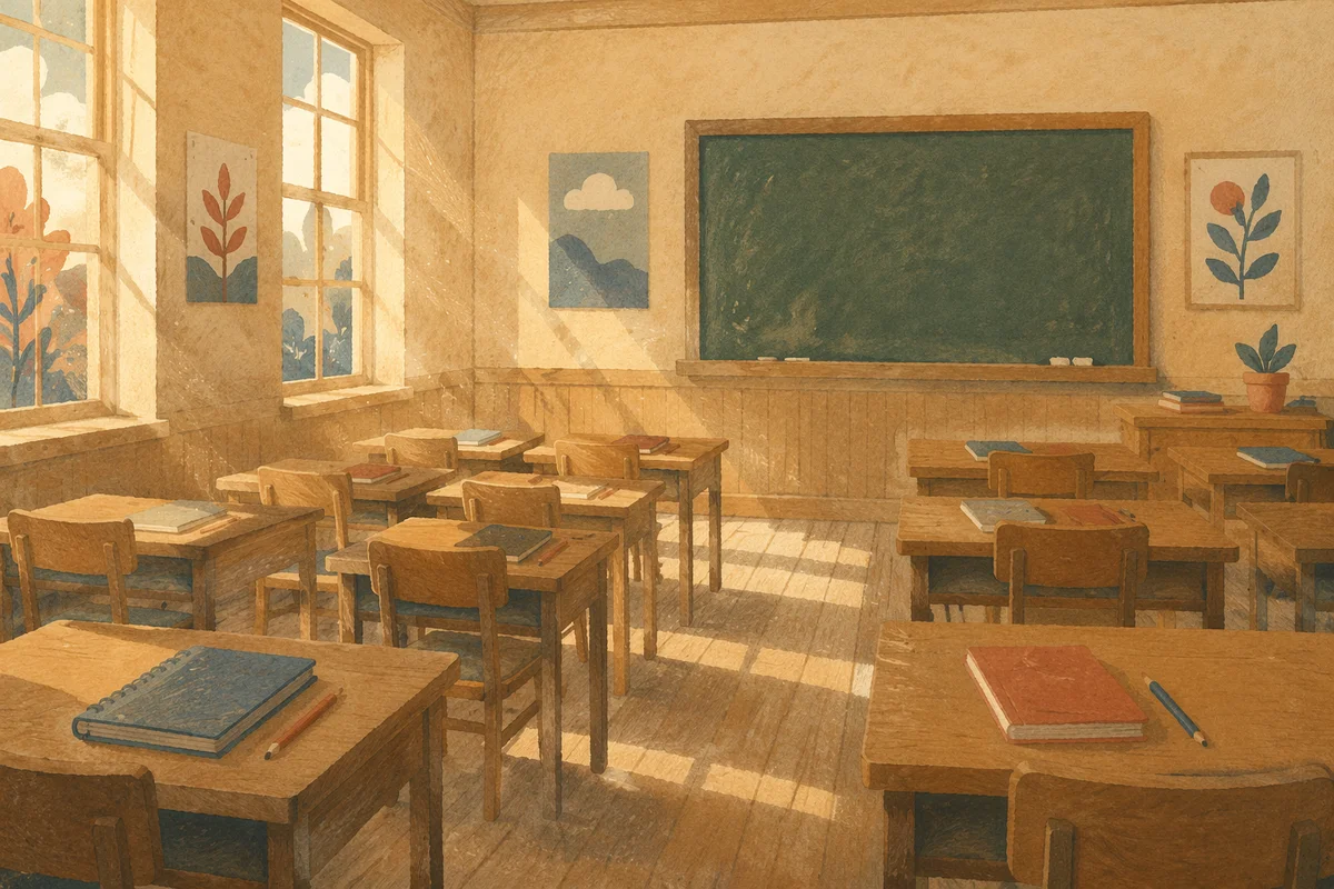 Quiet Morning Classroom with Sunlit Desks