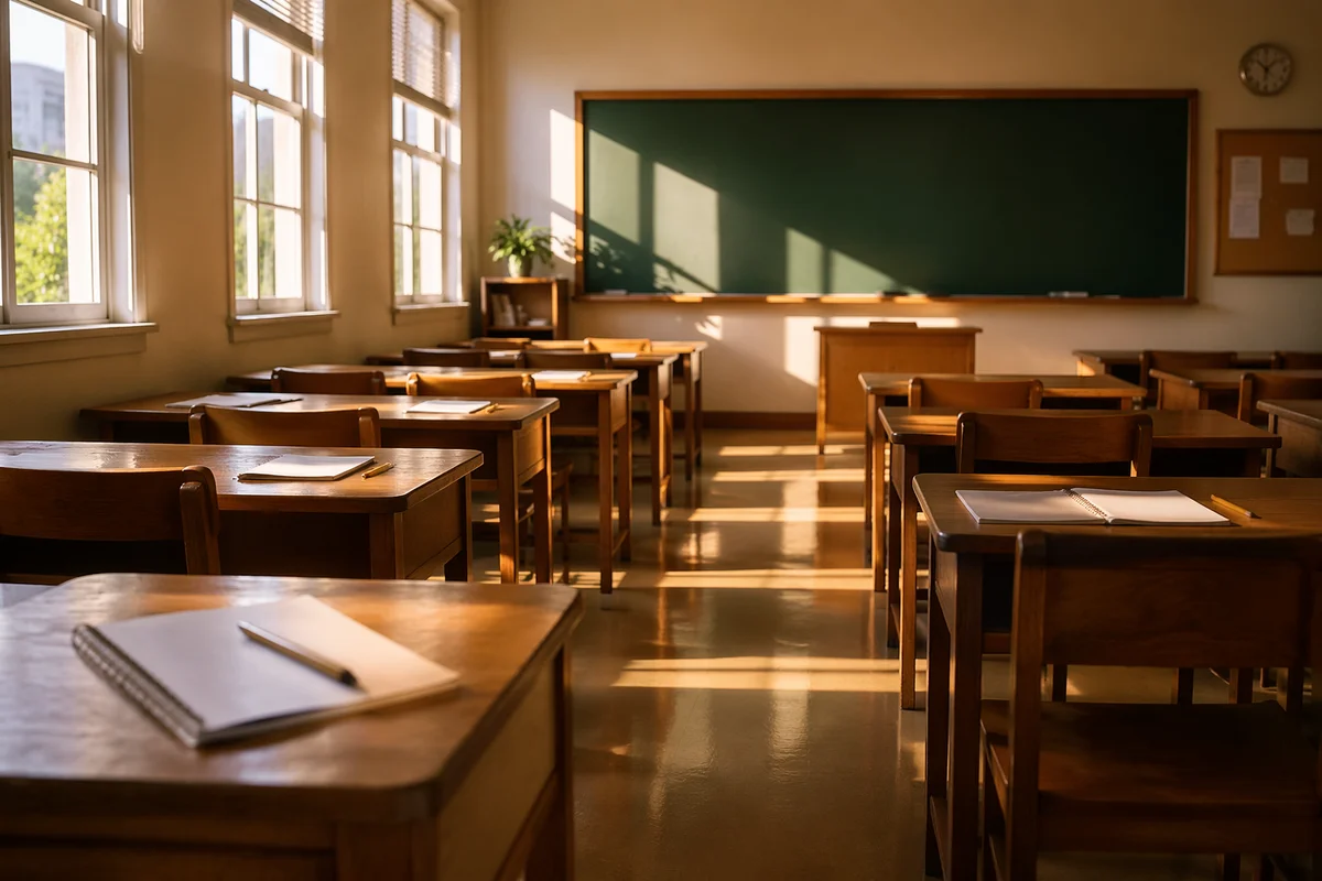 Quiet Morning Classroom with Sunlit Desks