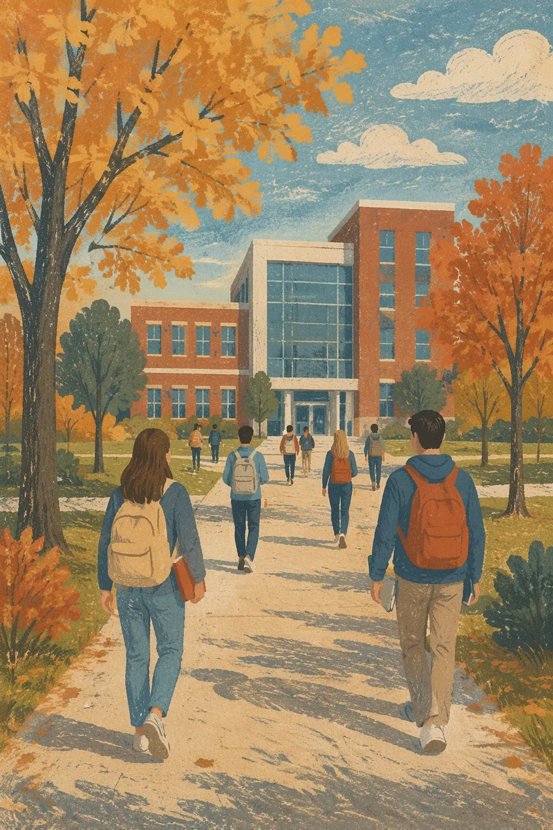 Autumn College Walkway Toward Academic Building