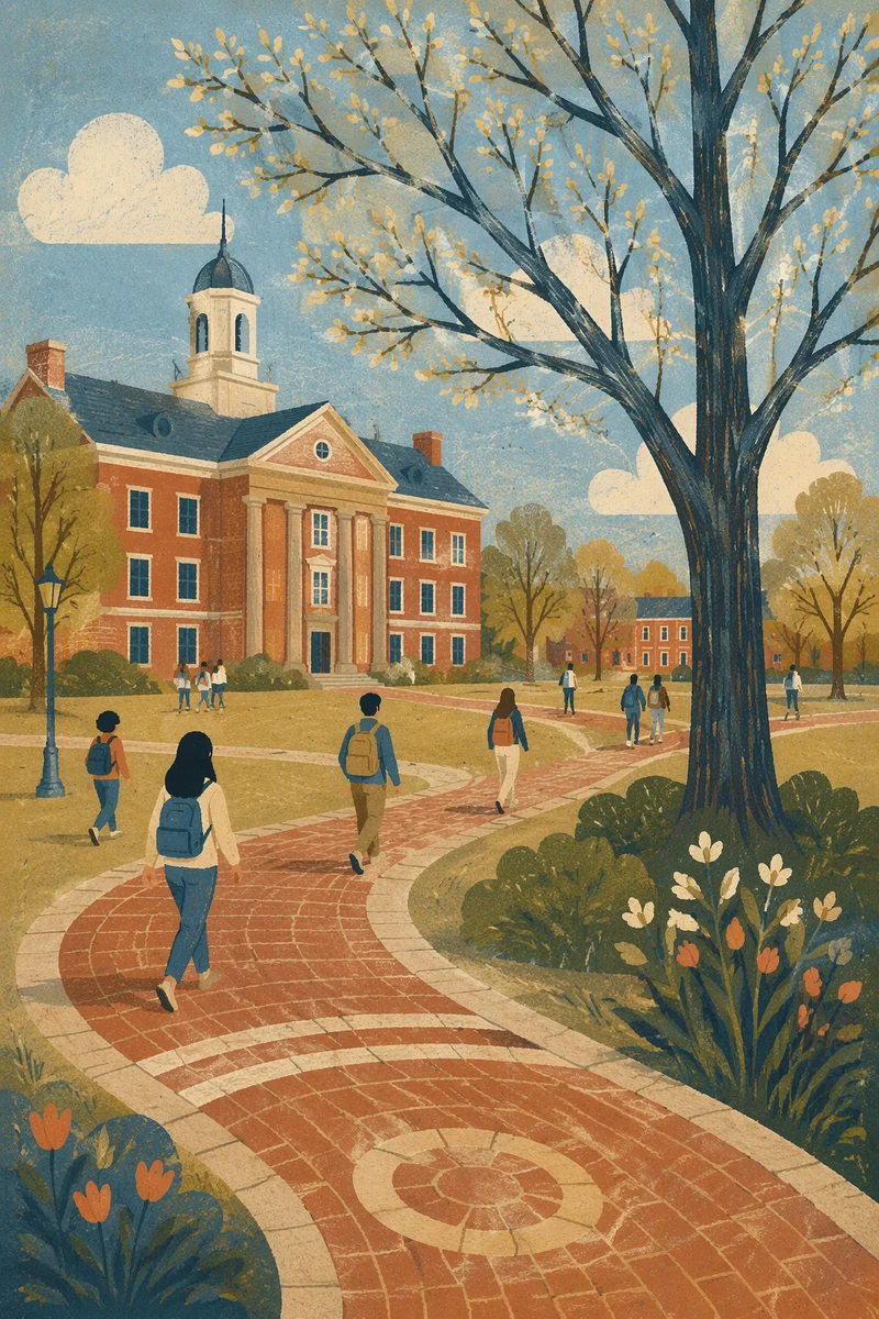 Students Walking Near Red Brick Campus
