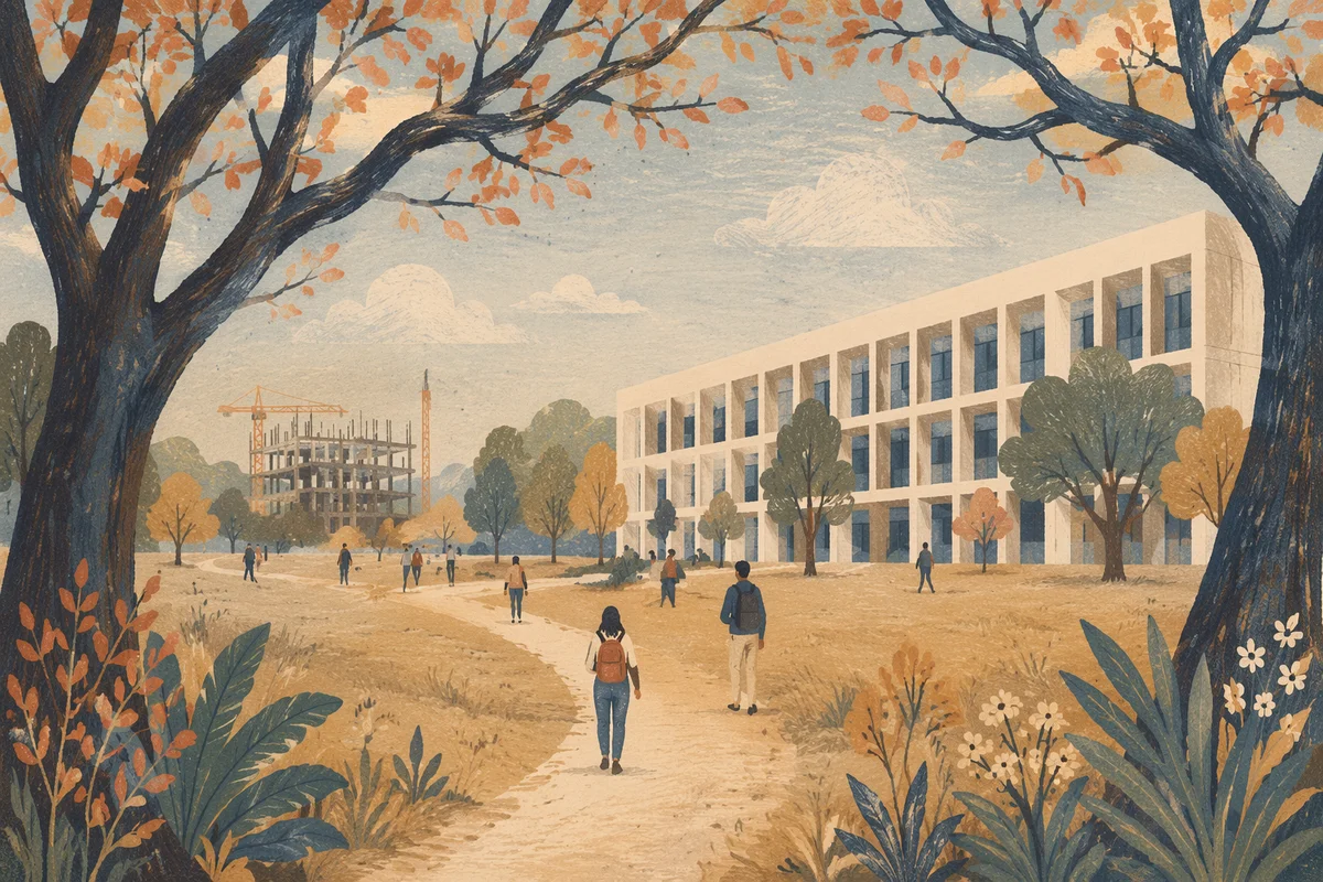 Quiet College Campus Walkway in Folk Art