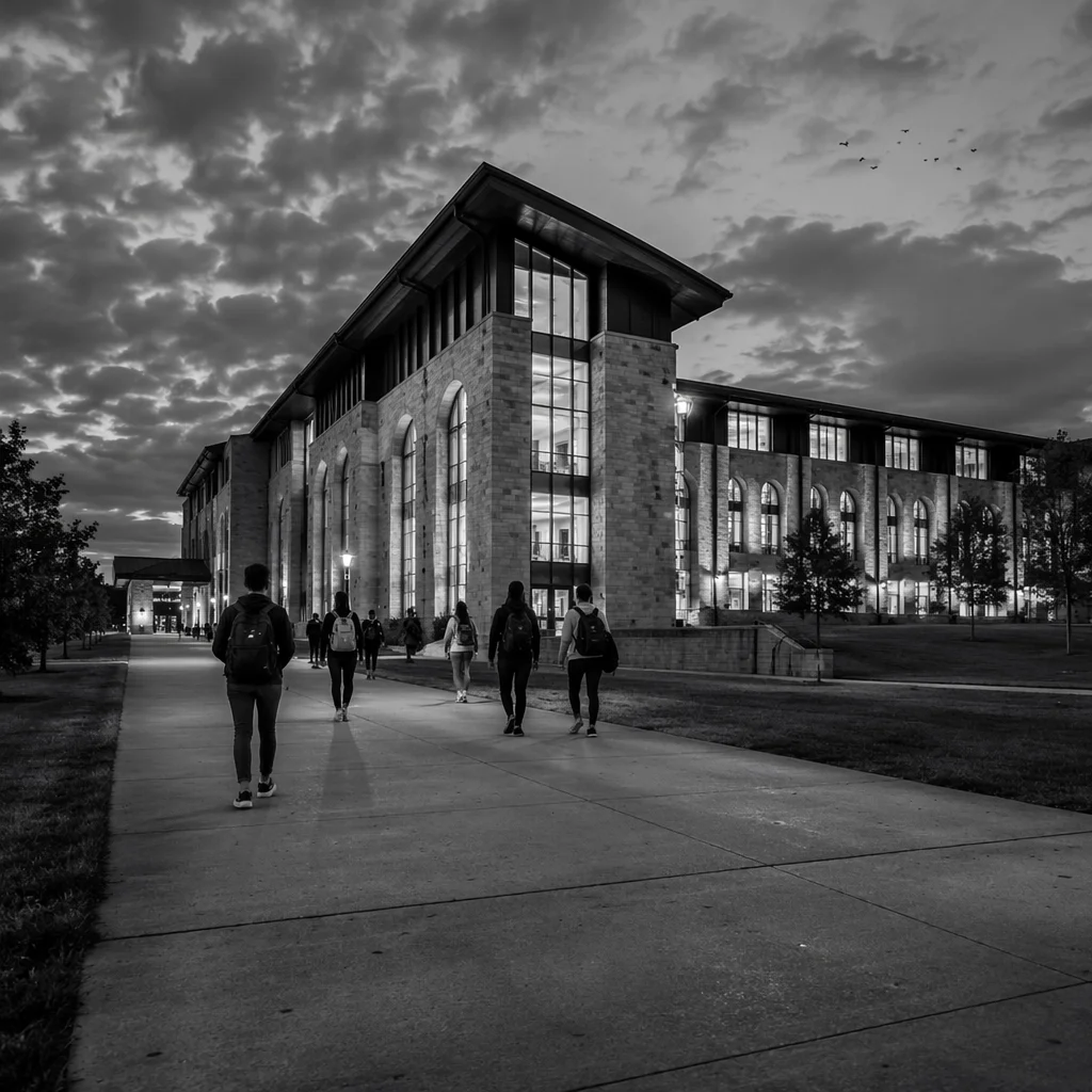 Students Walking to College Building at Dusk