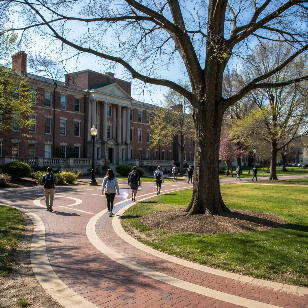 Students Walking Across College Campus Lawn