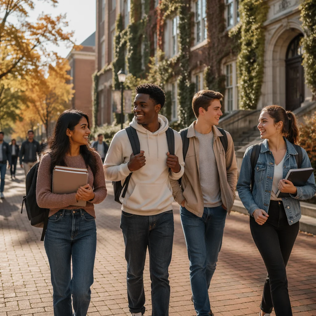 Autumn University Campus Walk With Students