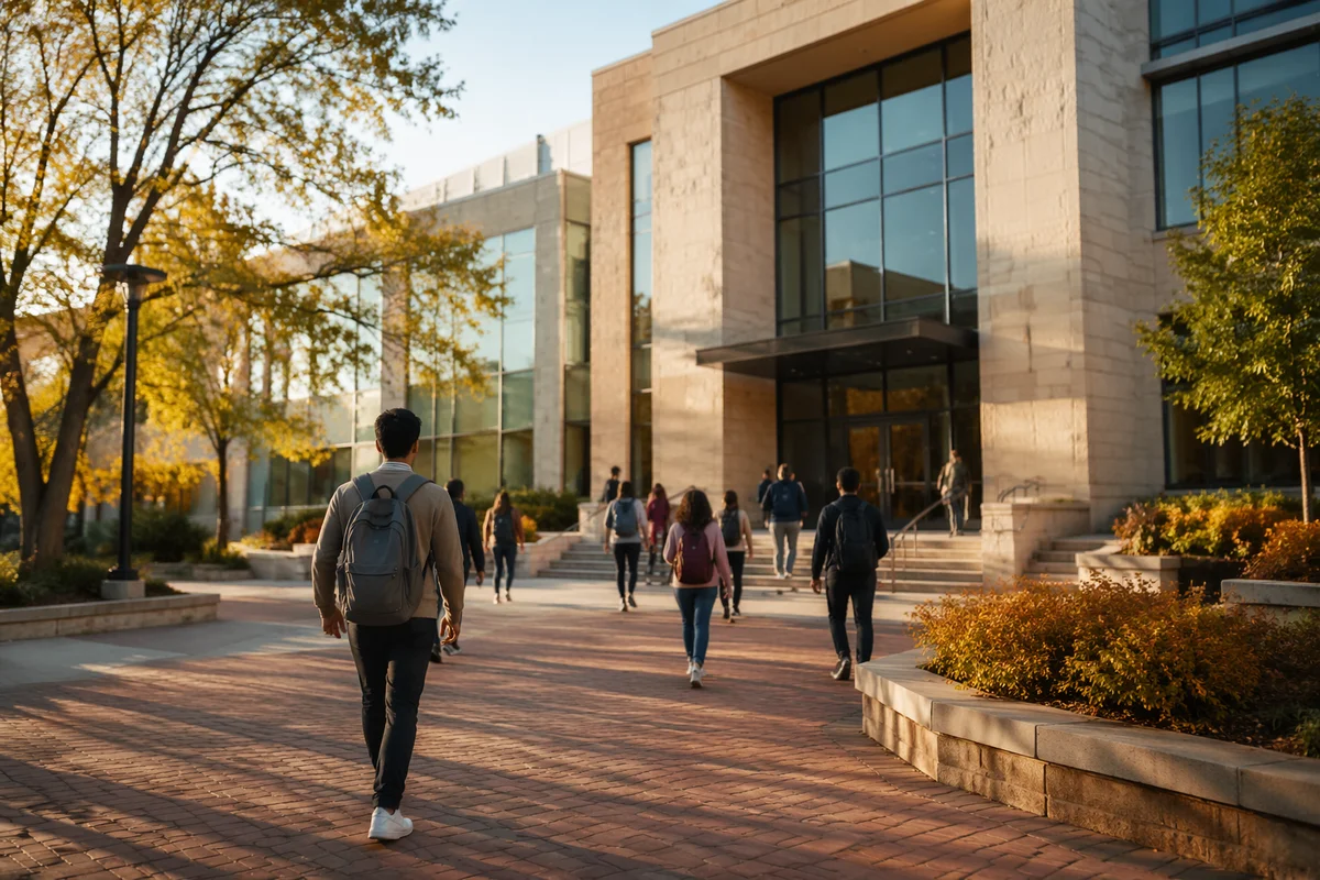 Students Walking Toward Modern College Building