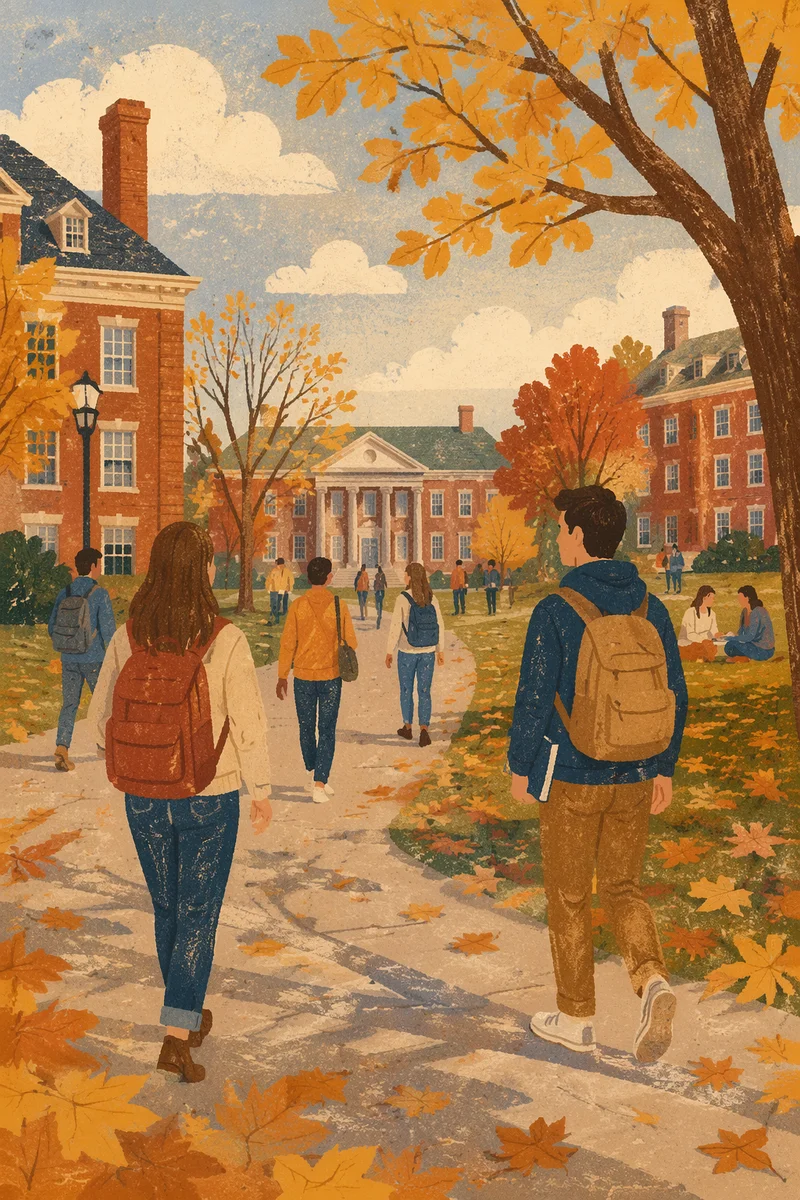 Autumn College Quad Students in Warm Light
