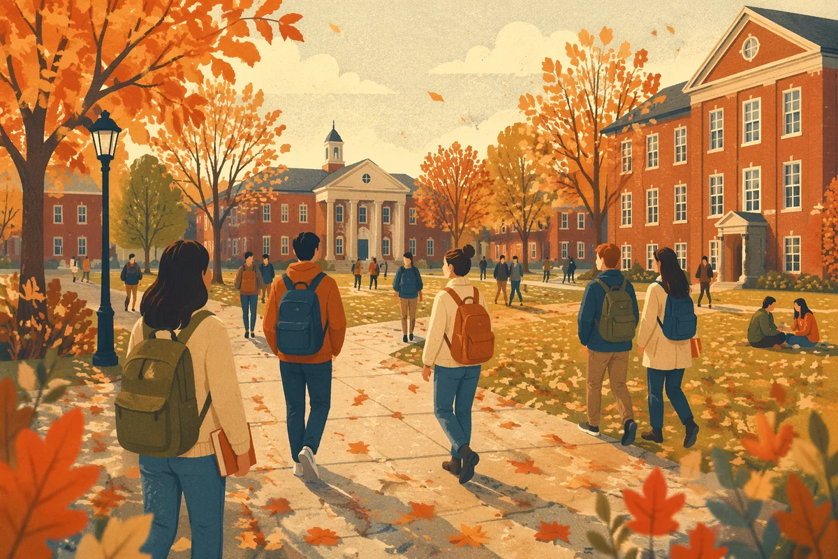 Autumn College Quad Students Walking at Sunset