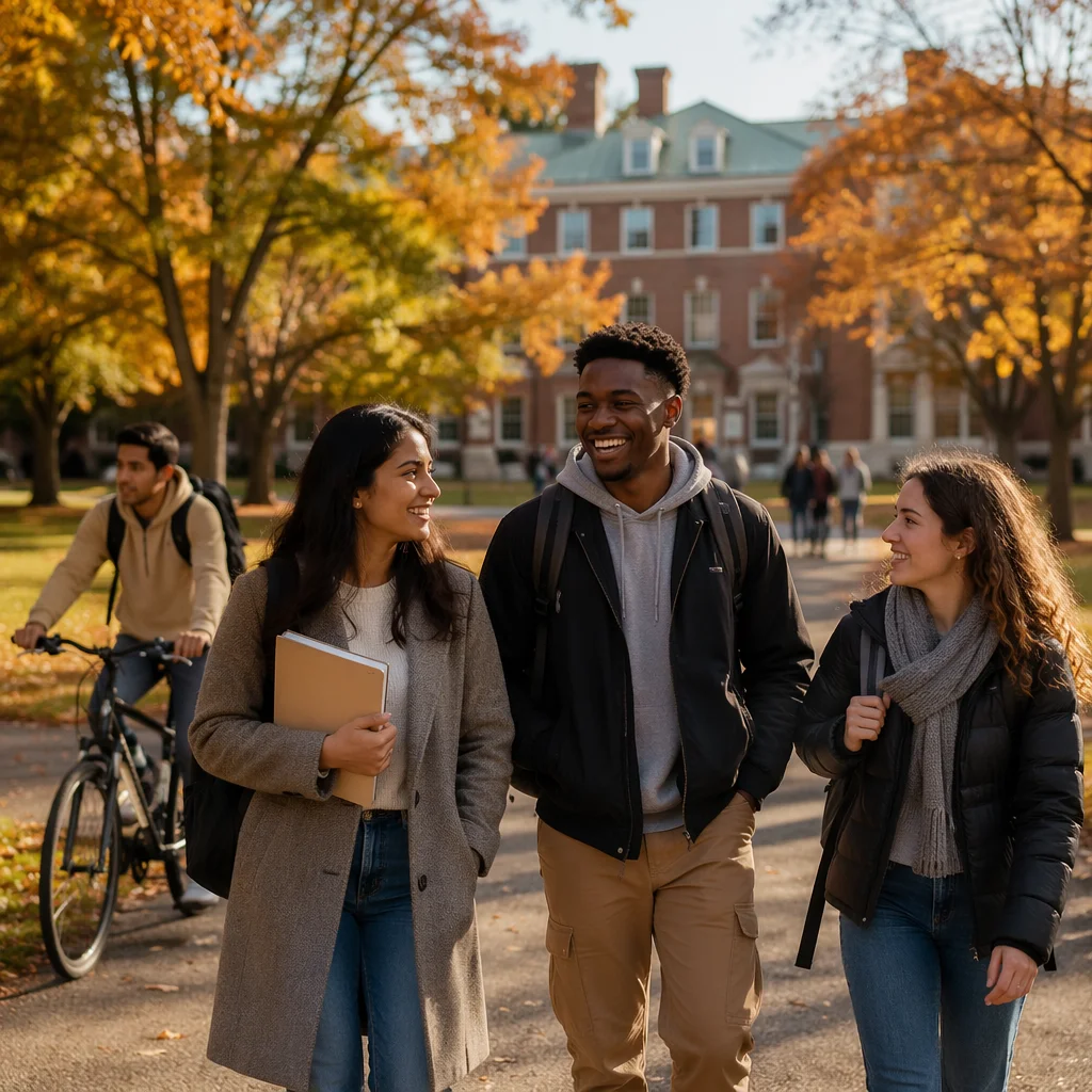 Diverse College Students on Autumn Campus Quad