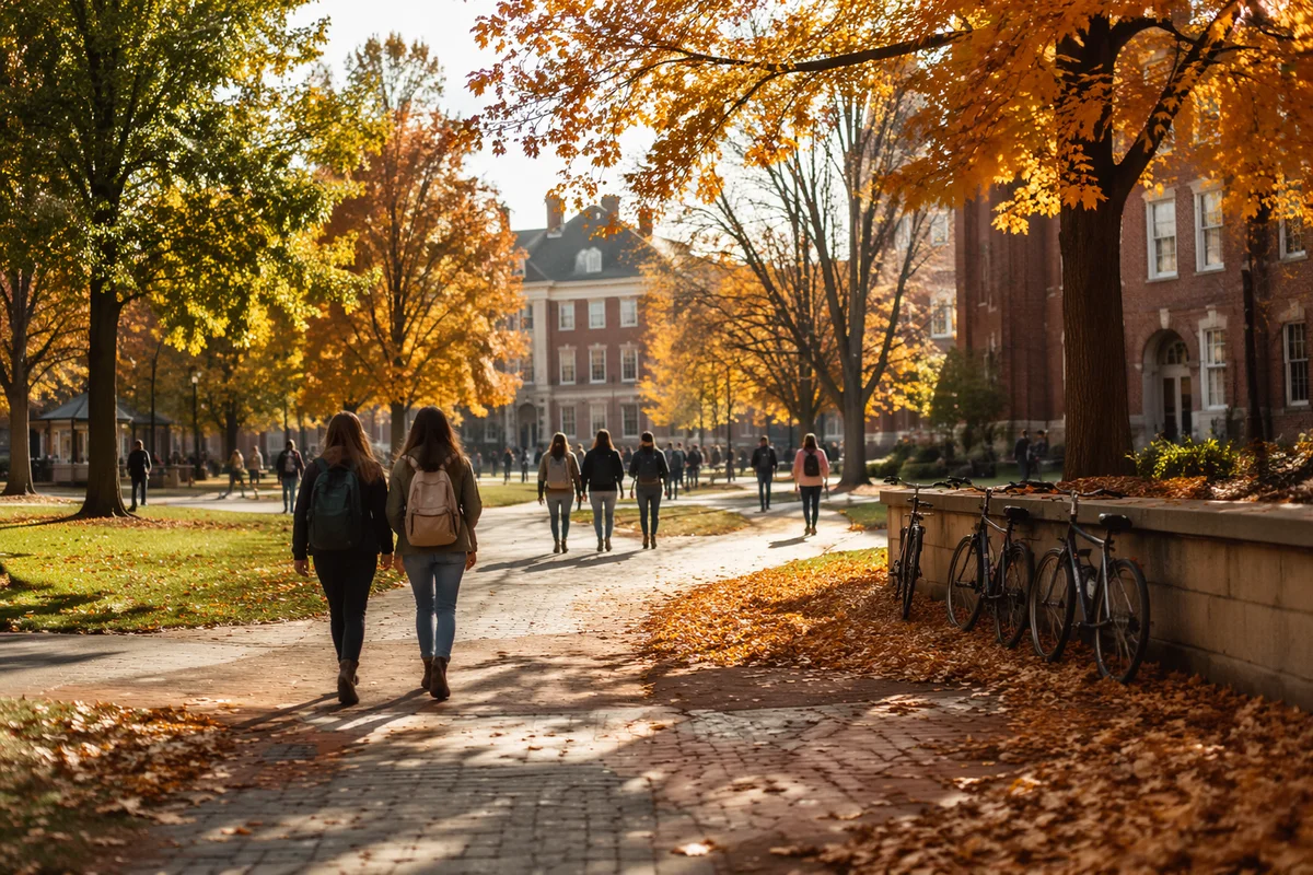 Autumn College Campus Quad With Students