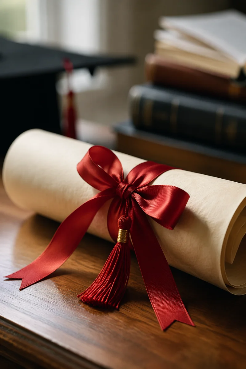 Close-Up Diploma Scroll with Red Ribbon