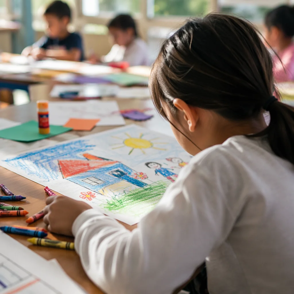 Girl Creating Colorful Crayon Art in Classroom