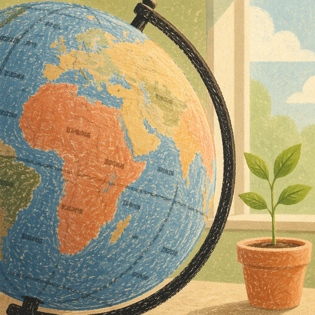 Sunlit Classroom Globe With Green Seedling