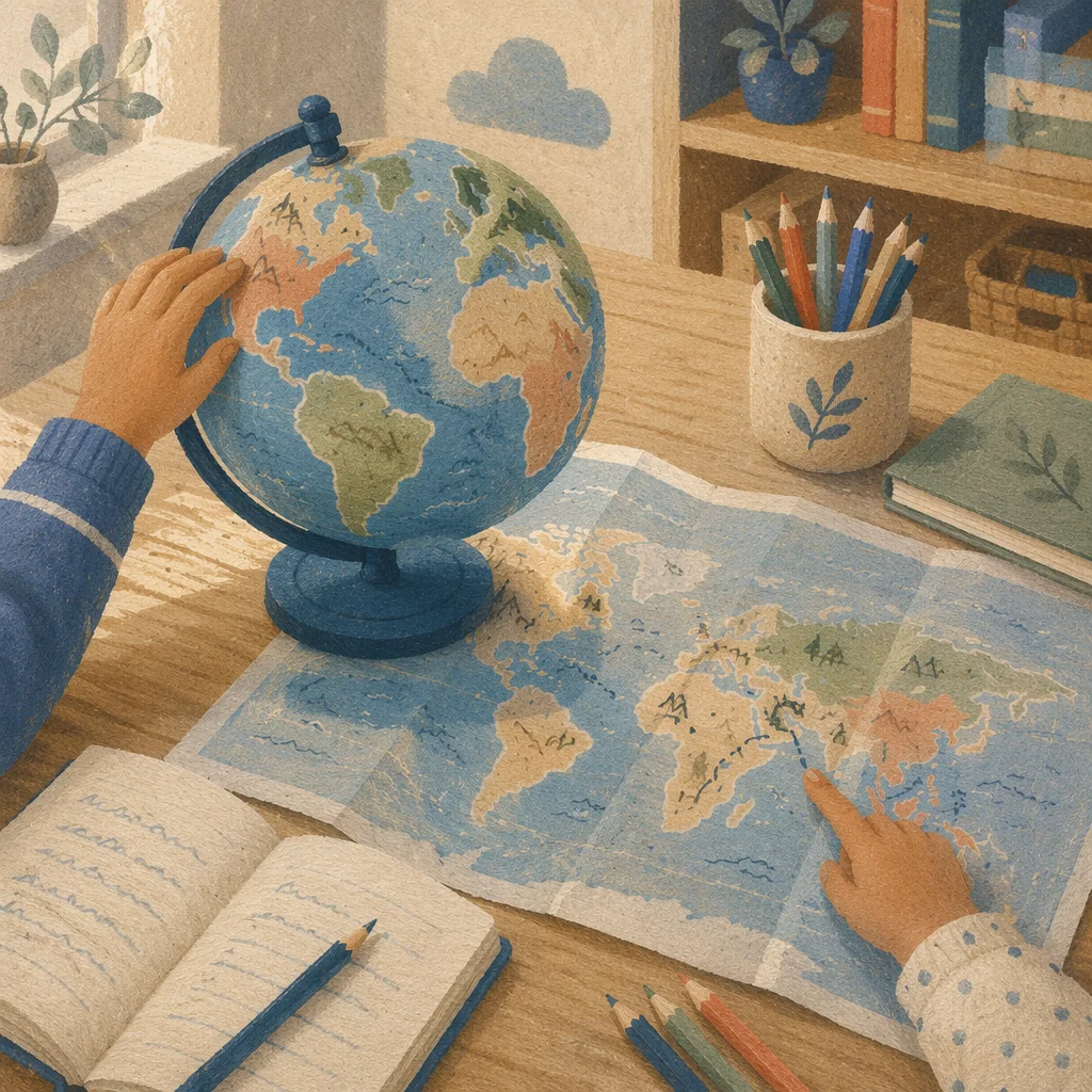 Children Exploring Globe and World Map