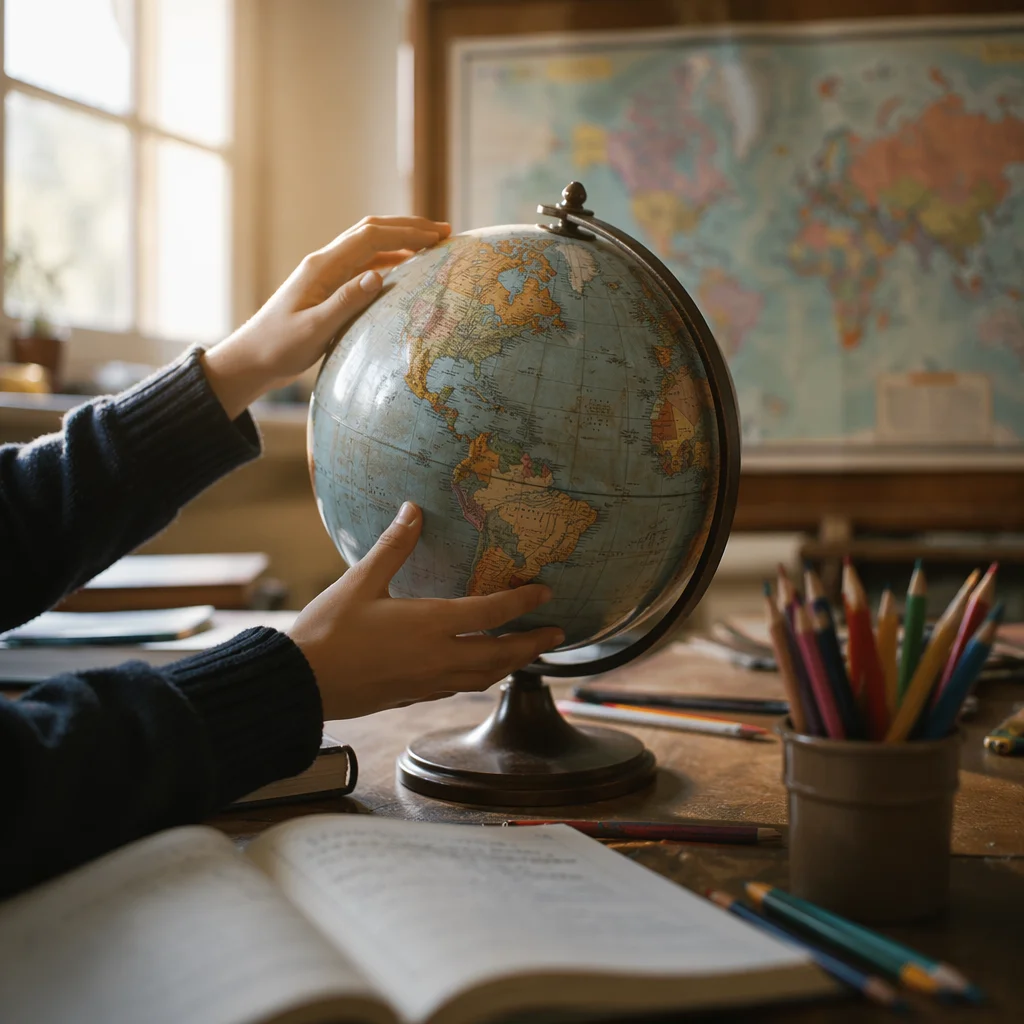 Student Hands Exploring Vintage Classroom Globe