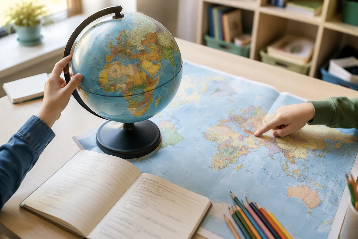 Children Exploring Globe and World Map