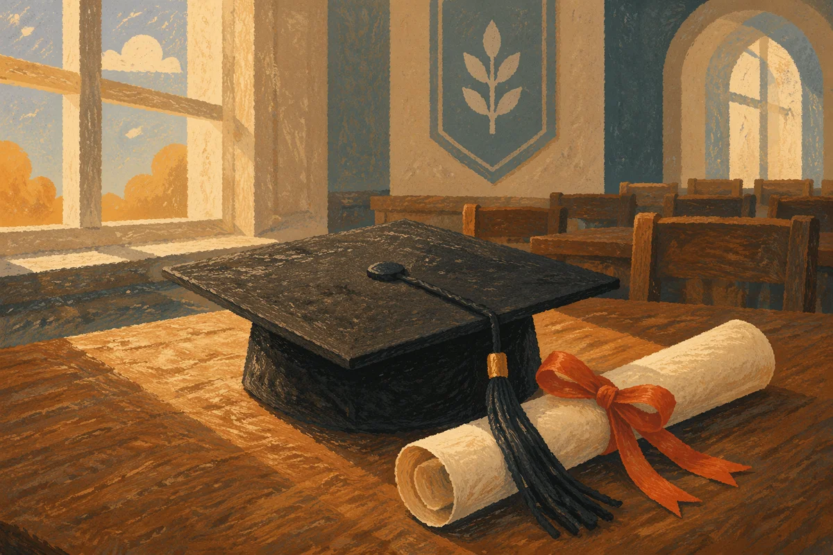 Graduation Cap and Diploma on Wooden Table