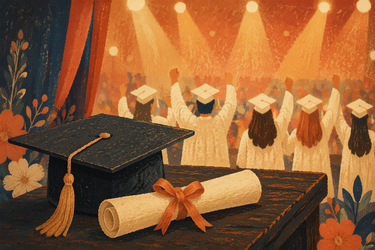 Graduation Cap and Diploma Close-Up on Stage