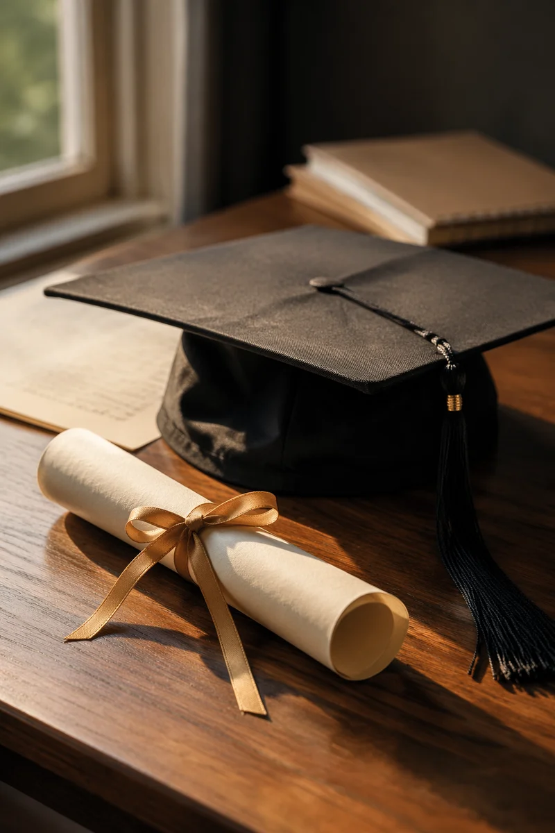 Graduation Cap and Diploma on Wooden Table