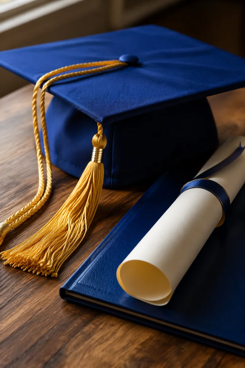 Graduation Cap and Diploma Table Close Up