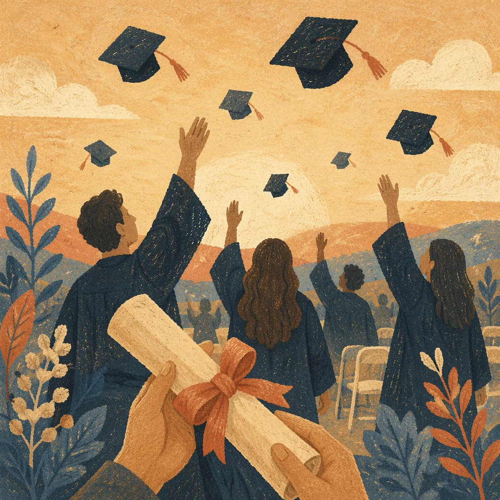 Graduation Caps and Diploma at Golden Hour