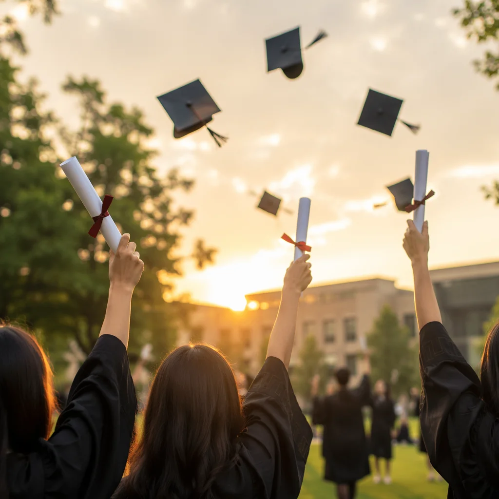 Graduates Raising Diplomas at Sunset Ceremony