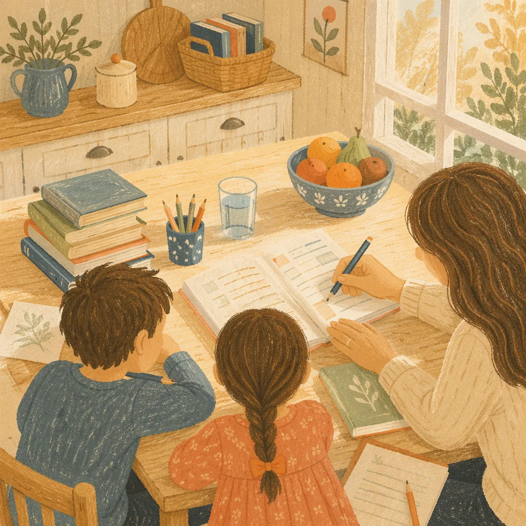 Homeschool Morning Learning at Kitchen Table