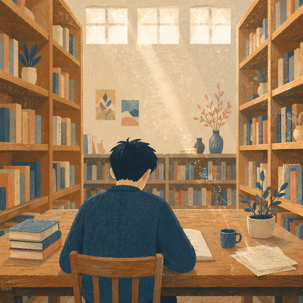Quiet Library Study Among Wooden Shelves