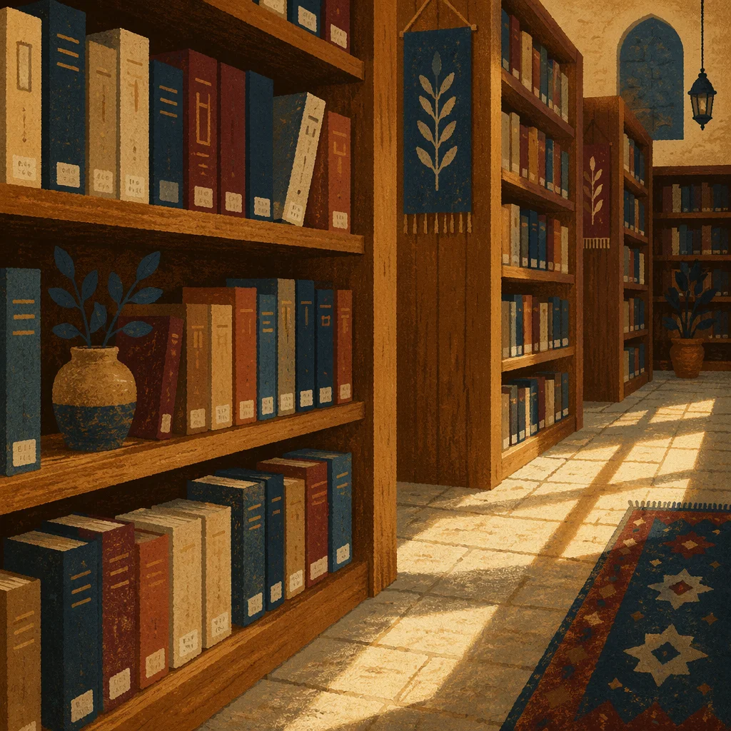 Quiet Sunlit Library Shelves for Study