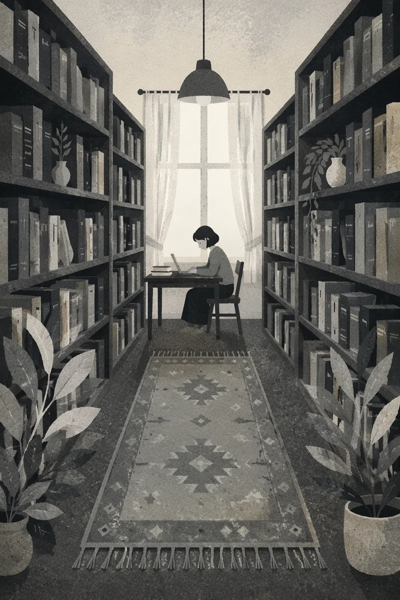 Quiet Grayscale Library Study Aisle