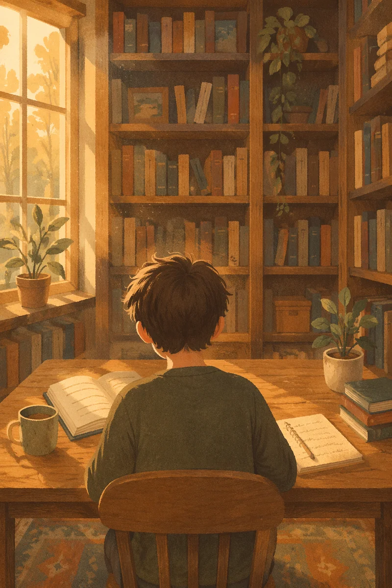 Quiet Library Study in Warm Afternoon Light
