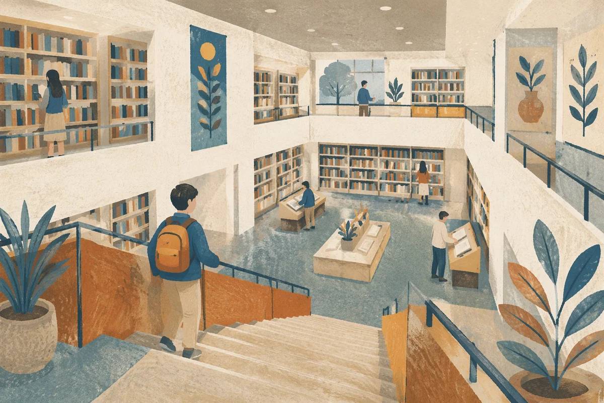 Quiet Modern Library Atrium with Students