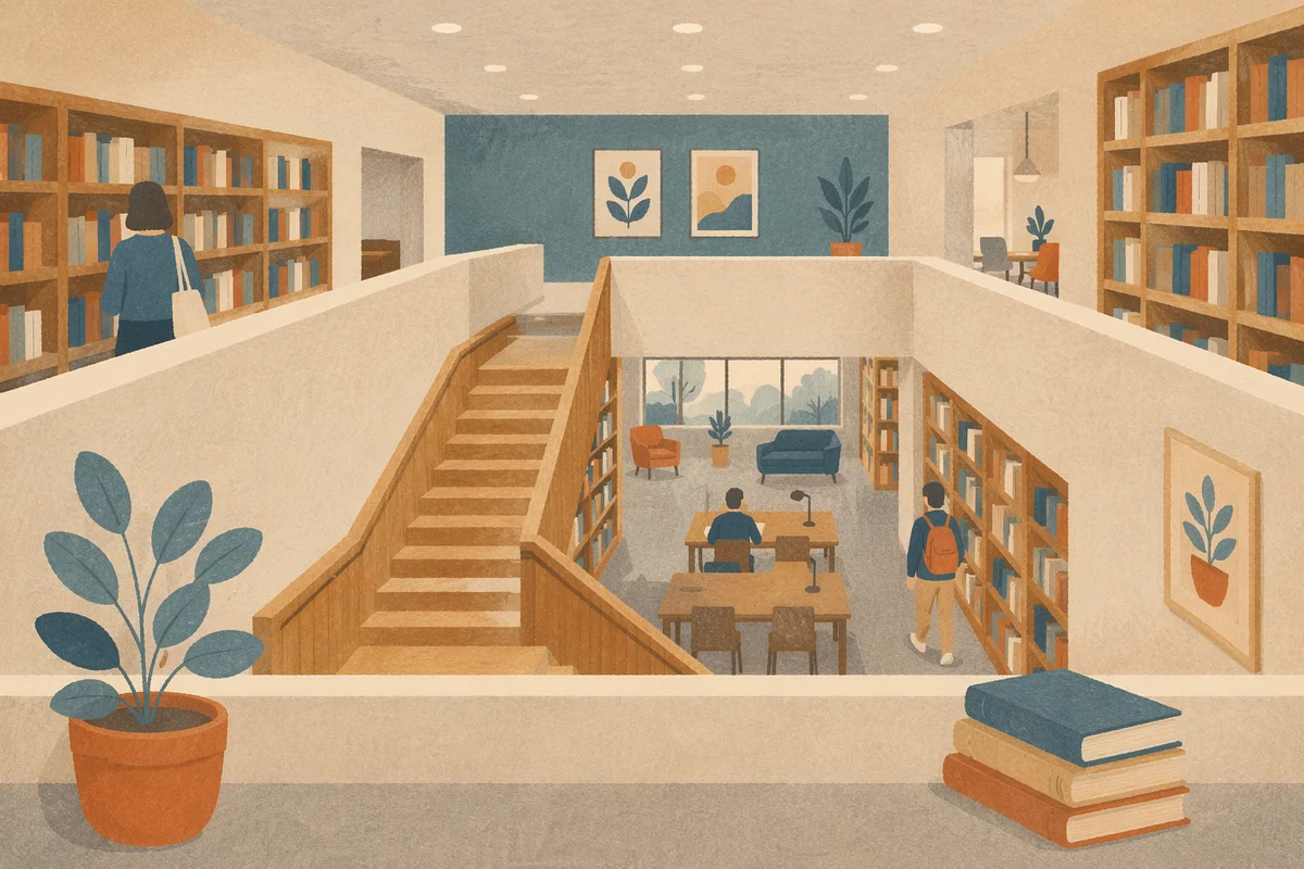 Quiet Library Mezzanine With Study Shelves