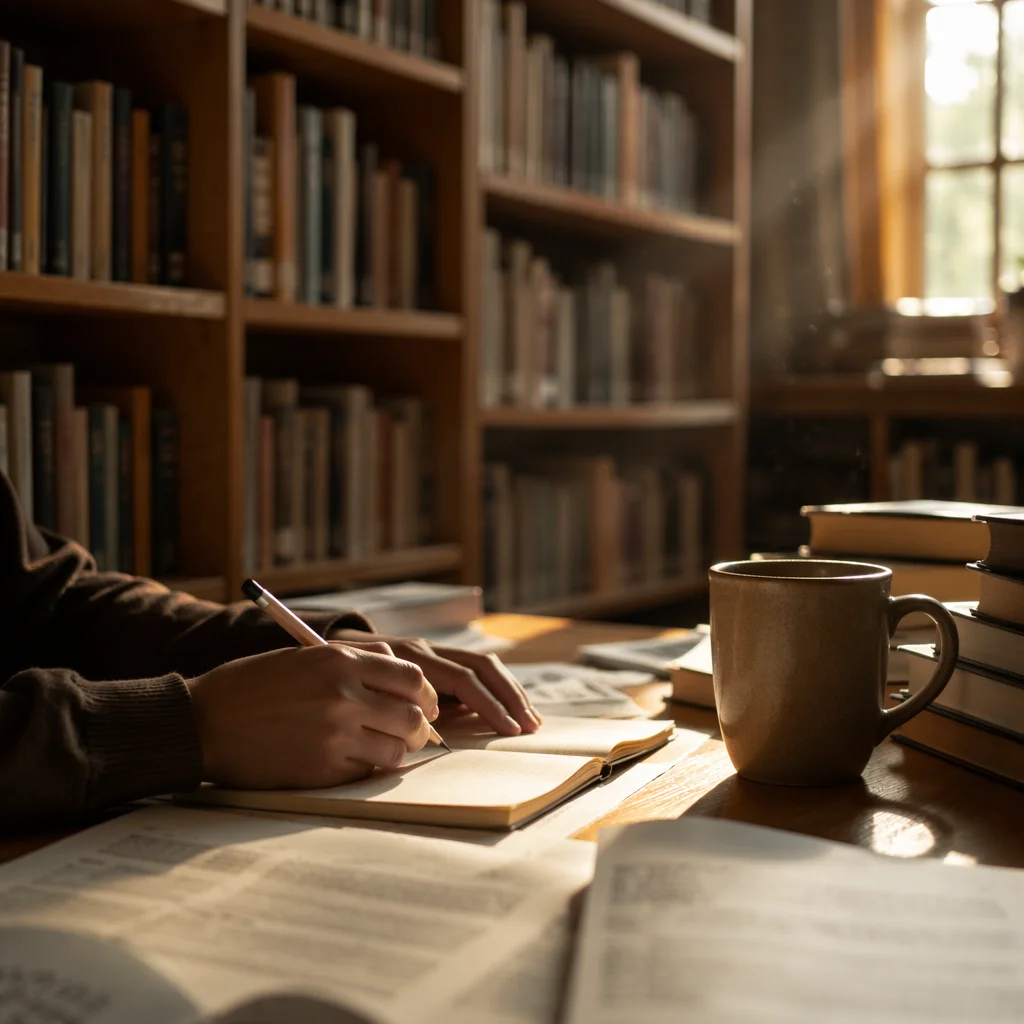 Quiet Library Study Scene with Warm Light