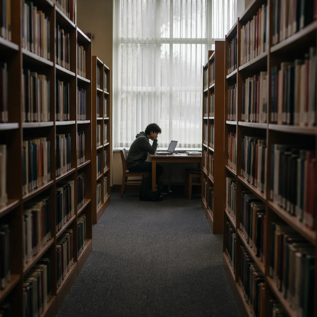 Quiet Library Aisle Study Scene