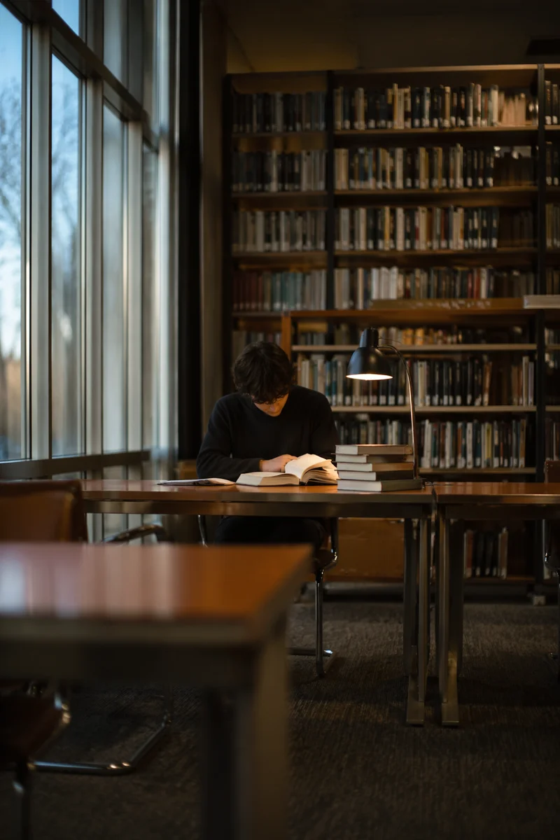 Quiet Library Study Table at Dusk