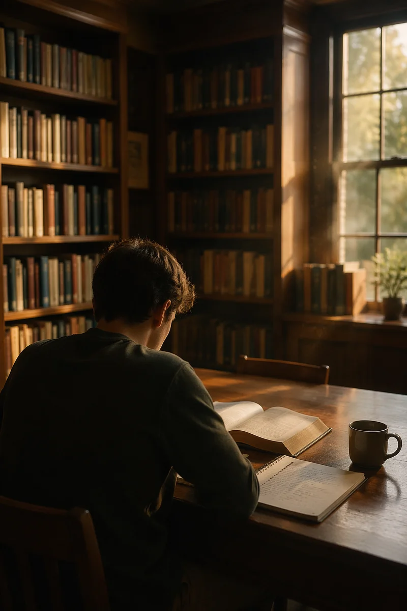 Quiet Library Study in Warm Afternoon Light