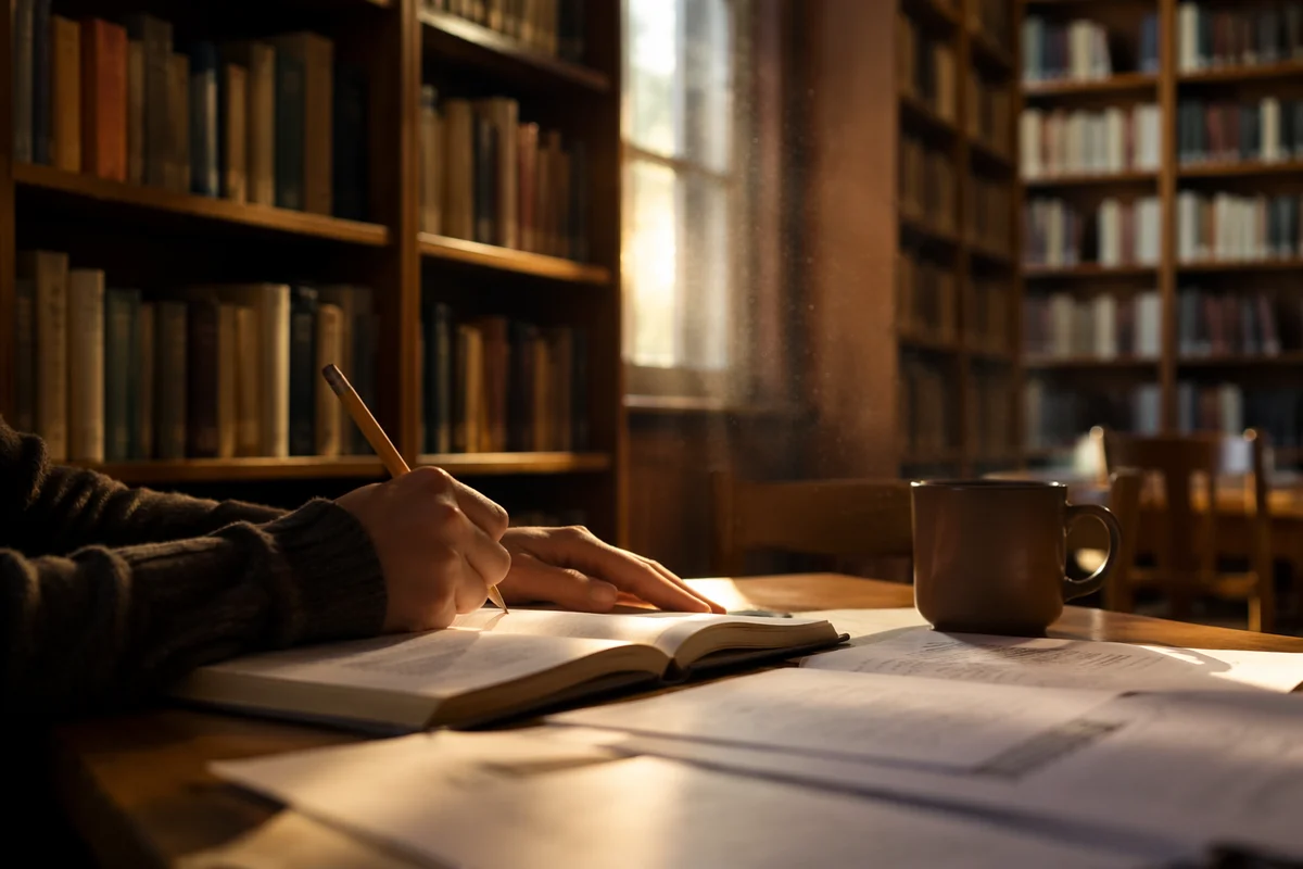 Quiet Library Study Table at Sunset