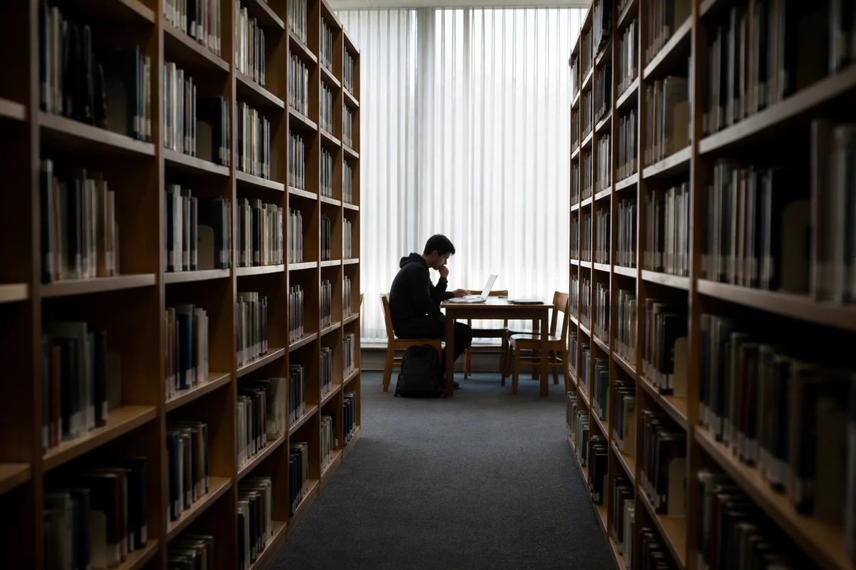 Quiet Library Aisle Study Scene