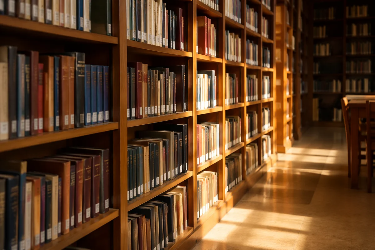 Quiet Sunlit Library Shelves for Study