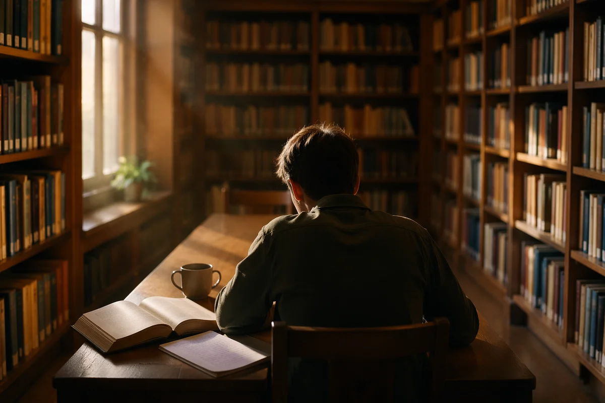 Quiet Library Study With Warm Bookshelves