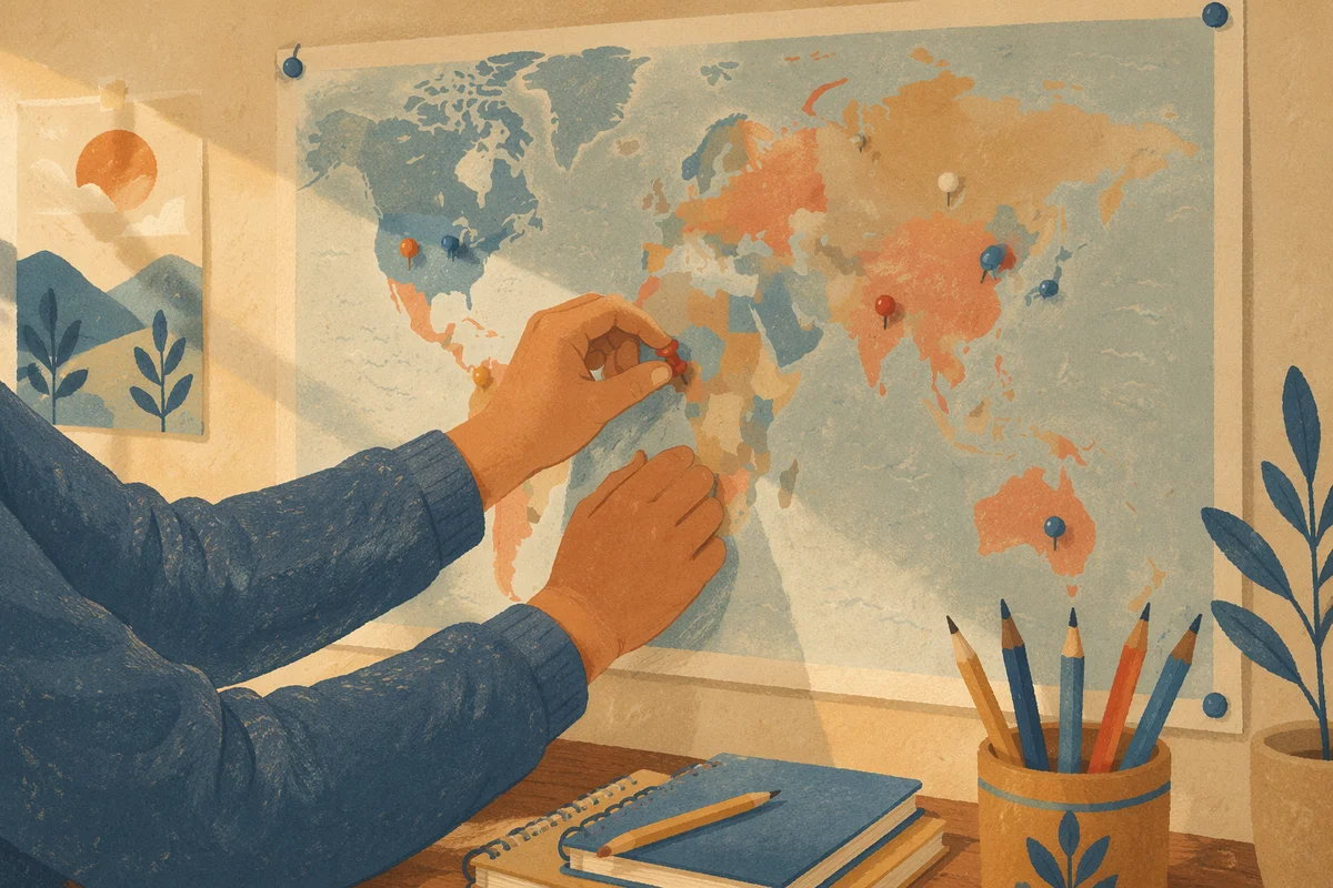 World Map with Push Pins in Classroom