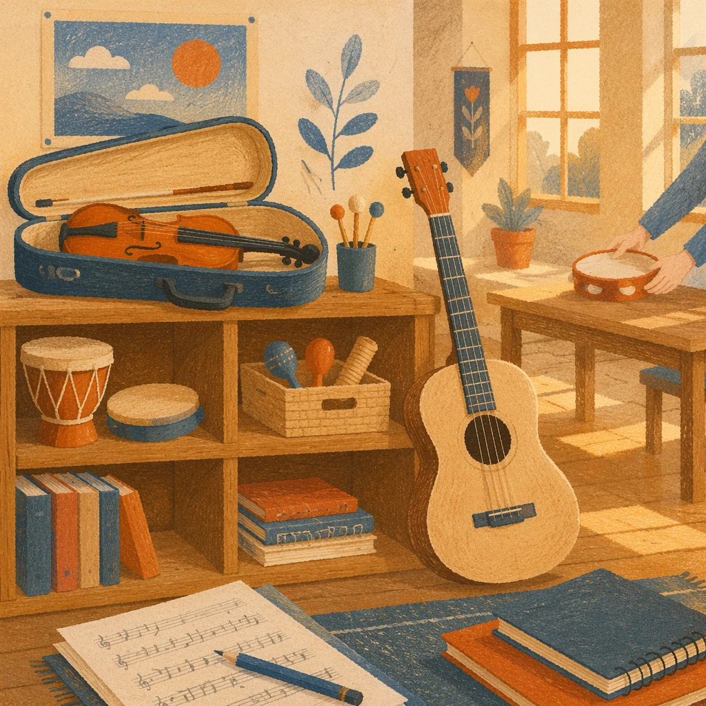 Warm Music Classroom with Violin and Guitar