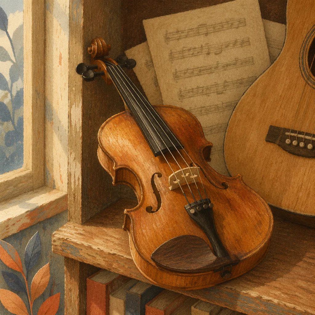 Violin and Guitar on Classroom Shelf