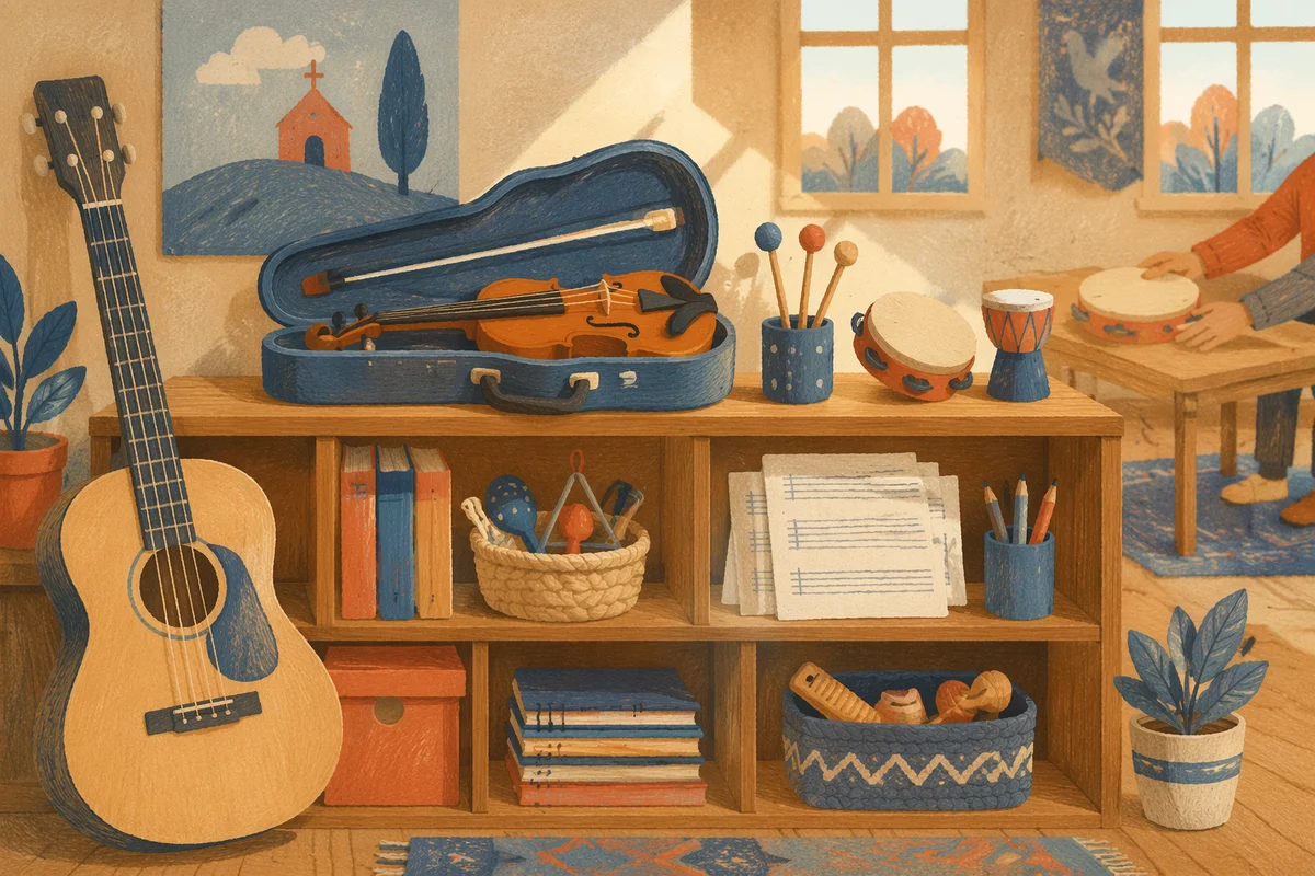 Warm Music Classroom Instruments on Wooden Shelf