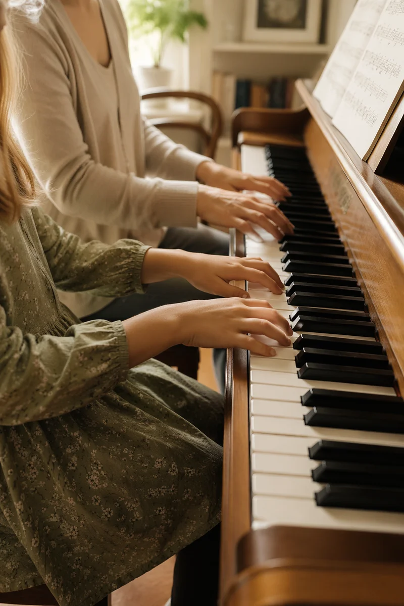 Child Piano Practice with Teacher Hands