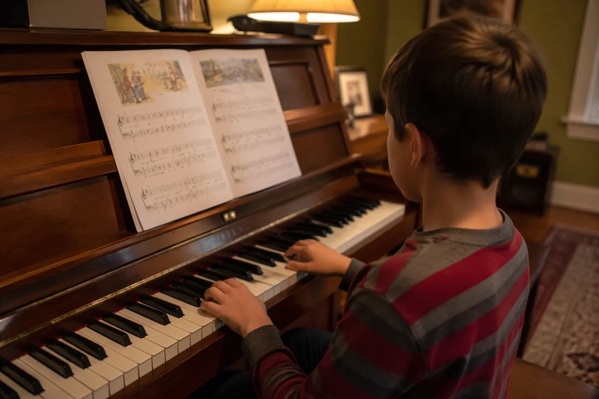 Young Piano Student Practicing at Home